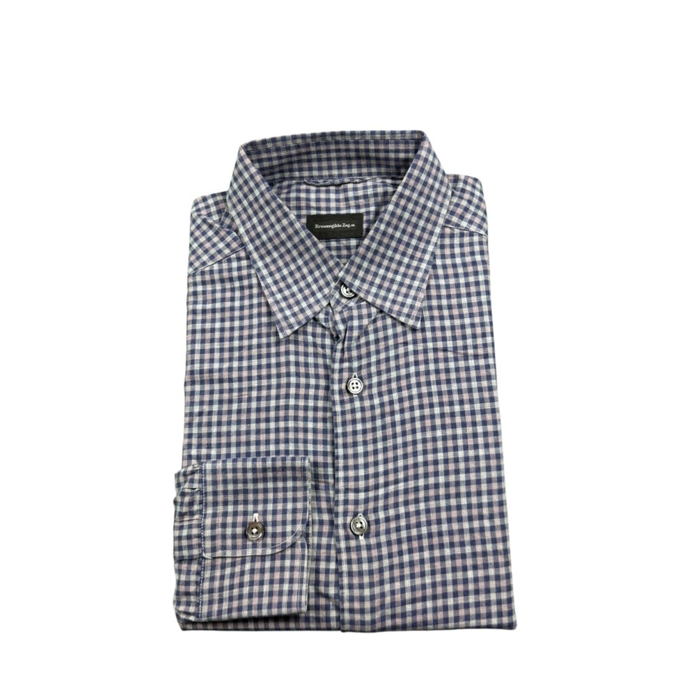 Ermenegildo Zegna Men Blue Gray Purple Check Button Front Shirt Size Medium